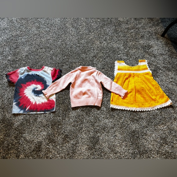 Bundle of 2T girl clothes. Tie-Dye T-Shirt, Pink Cardigan, and Yellow shirt - Picture 6 of 6